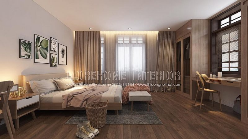 Phòng ngủ với thiết kế sàn gỗ công nghiệp với gam màu đồng điệu với nội thất giúp phòng ngủ thoáng rộng hơn